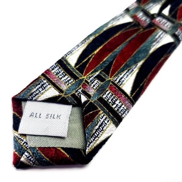 Pierre Cardin Gray Red Silk Tie Woven Wide Geometric - Picture 5 of 6